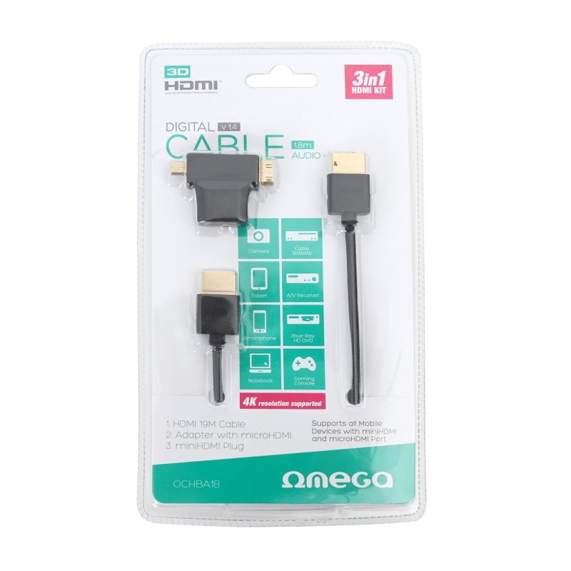 Omega Cable Hdmi V1.4 + Adaptador Minihdmi & Microhdmi 1.8m Blister