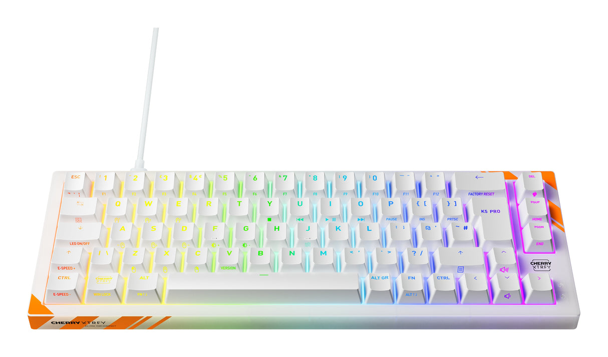 Cherry K5 Pro Tmr Compact, Con Cable, Usb, Mechanischer Switch, Qwerty, Rgb-Led, Naranja, Blanco