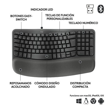 EAN 5099206117259 - Logitech Wave Keys for Business teclado Oficina RF Wireless + Bluetooth QWERTY Español imagen 10