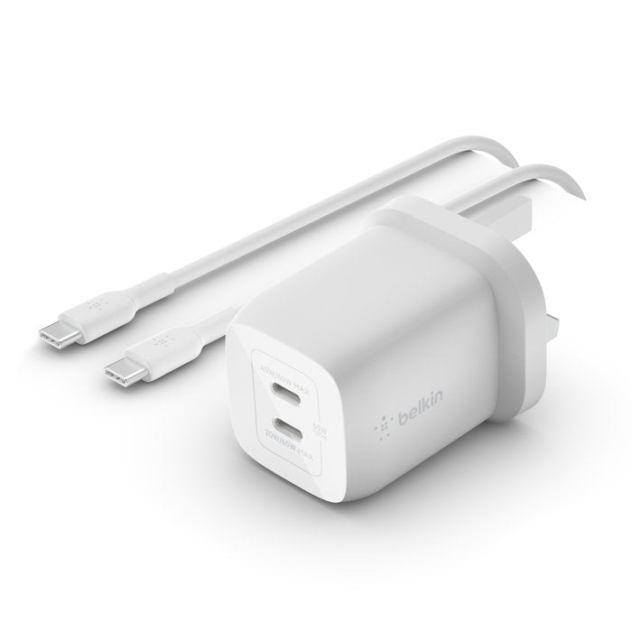 Cargador Domestico Belkin Wch013vf2mwh-B6 Doble Usb-C Gan Boost Charge 65w (45w+20w) + Cable Usb-C 2m