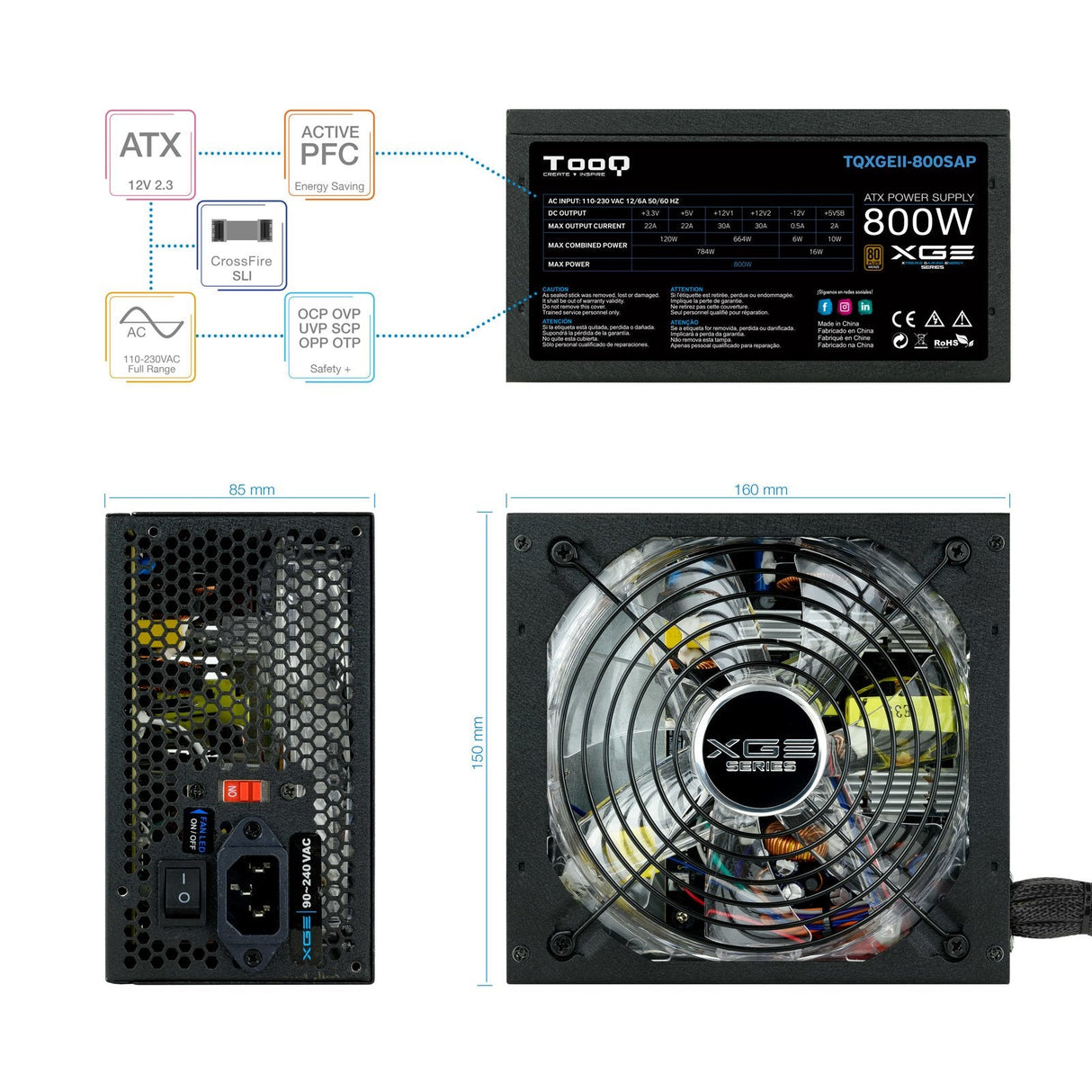Tooq Xge Ii Fuente De Alimentacion Gaming 800w Atx 2.3 12v - Pfc Activo - Certificacion 80 Plus Bronze - Ventilador