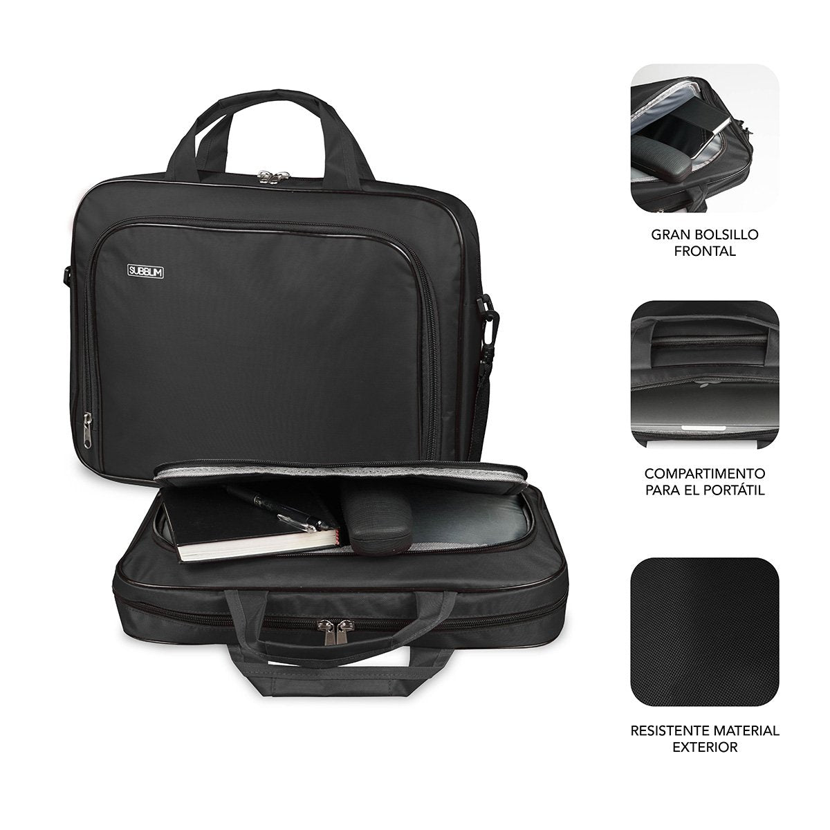 Maletín Subblim Oxford Black Para Portátiles Hasta 13.3'-14'/ 33.7-35.5cm Interior Acolchado Bolsillo Exterior Correa De Hombro