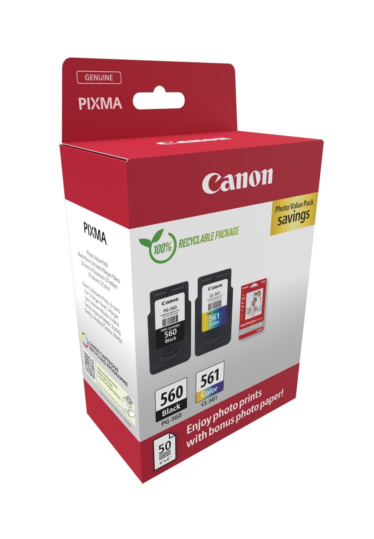 Canon Pg-560/Cl-561 Pack De 2 Cartuchos De Tinta Originales + Papel Fotografico Brillante Gp-501 - 3713c008