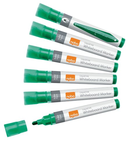 Nobo Caja De 10 Rotuladores Para Pizarra Blanca - Punta Redonda 3mm - Tinta Liquida - Nivel De Tinta - Color Verde