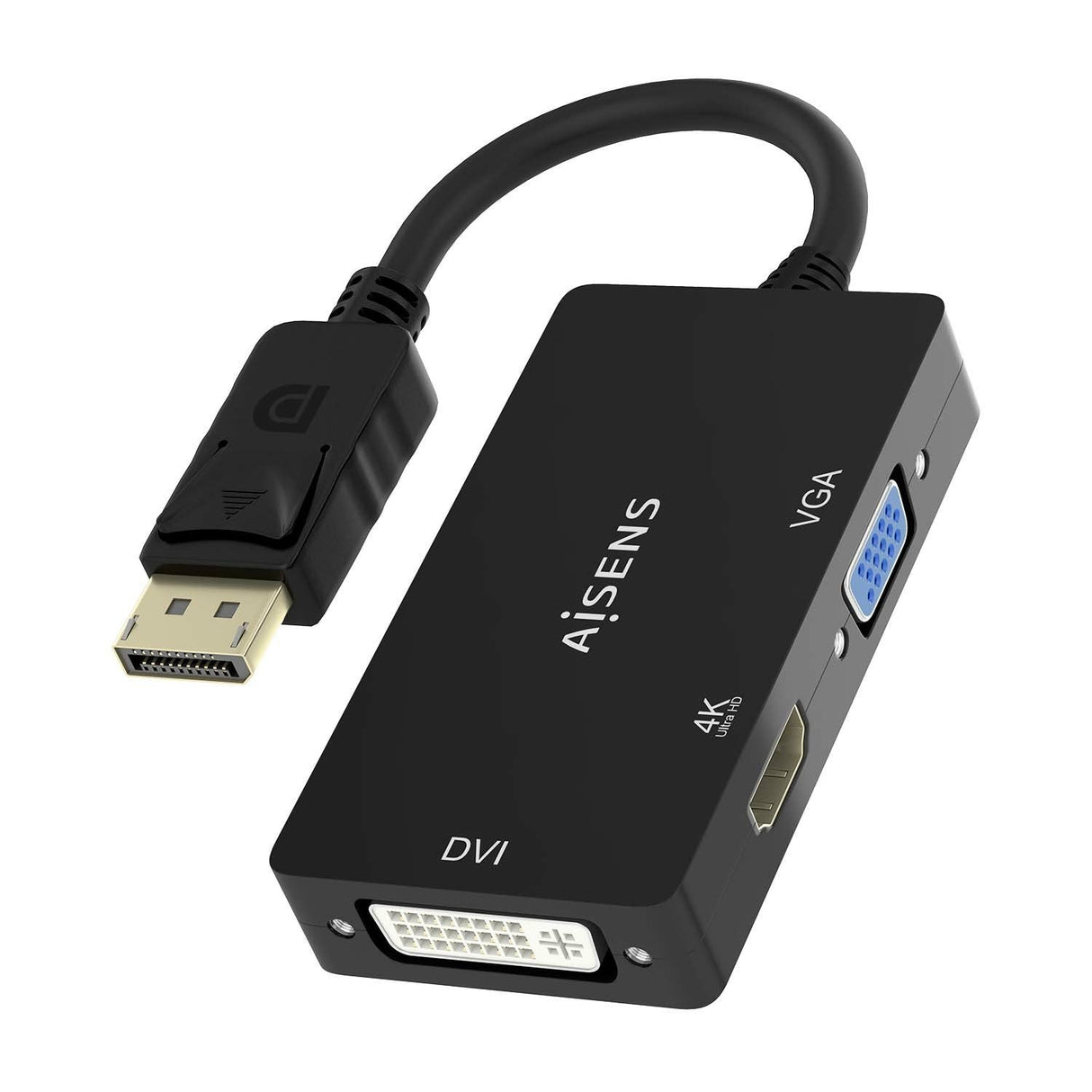 Aisens Conversor Displayport V1.2 A Vga/Dvi/Hdmi, Dp 1.2/M-Vga/H-Dvi/H-Hdmi/H 4k, Negro, 15cm