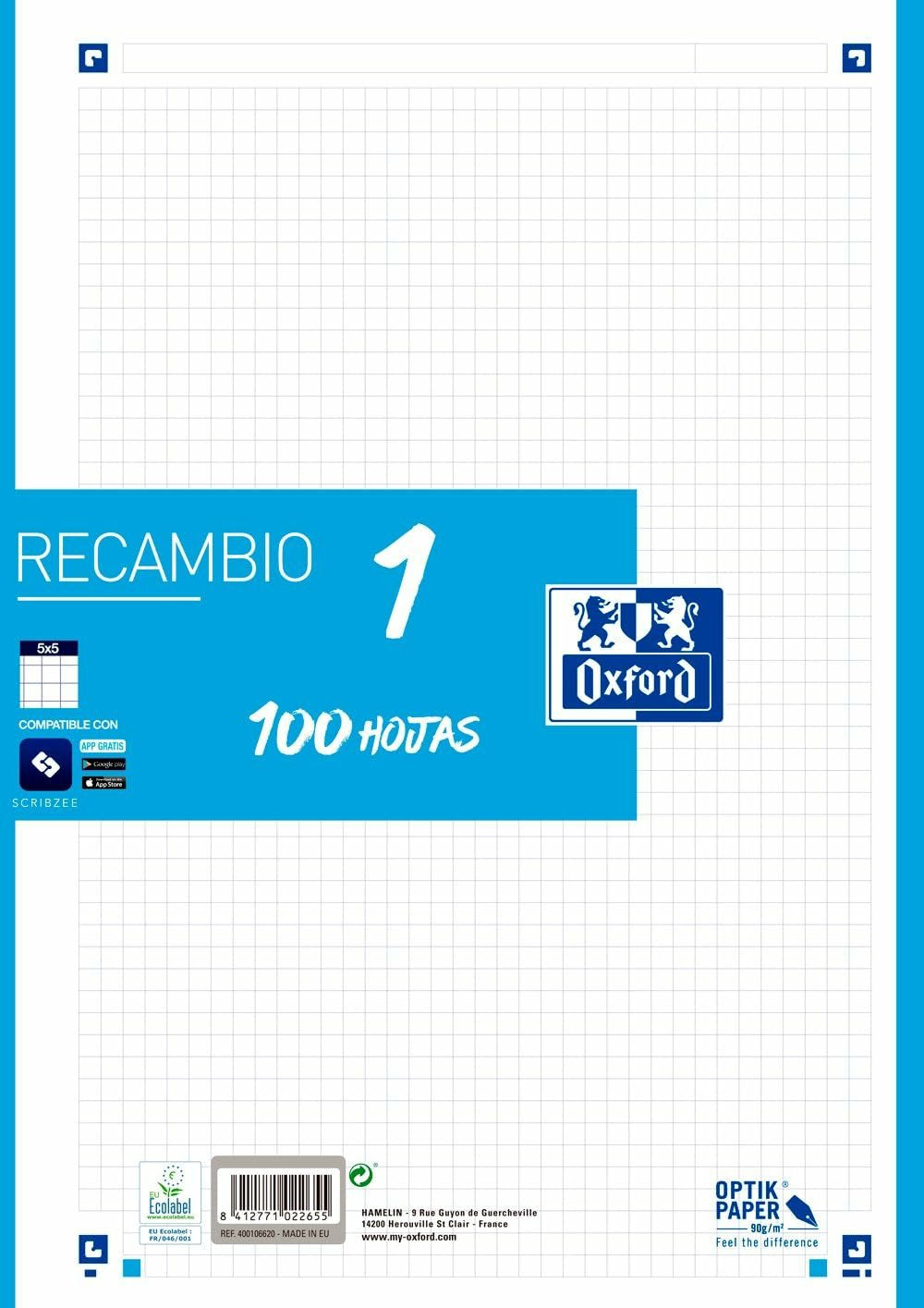 Oxford Recambio Classic 1 Color 100h + 20h Gratis A4 90gr 5x5mm 4/Taladros Banda Azul Turquesa