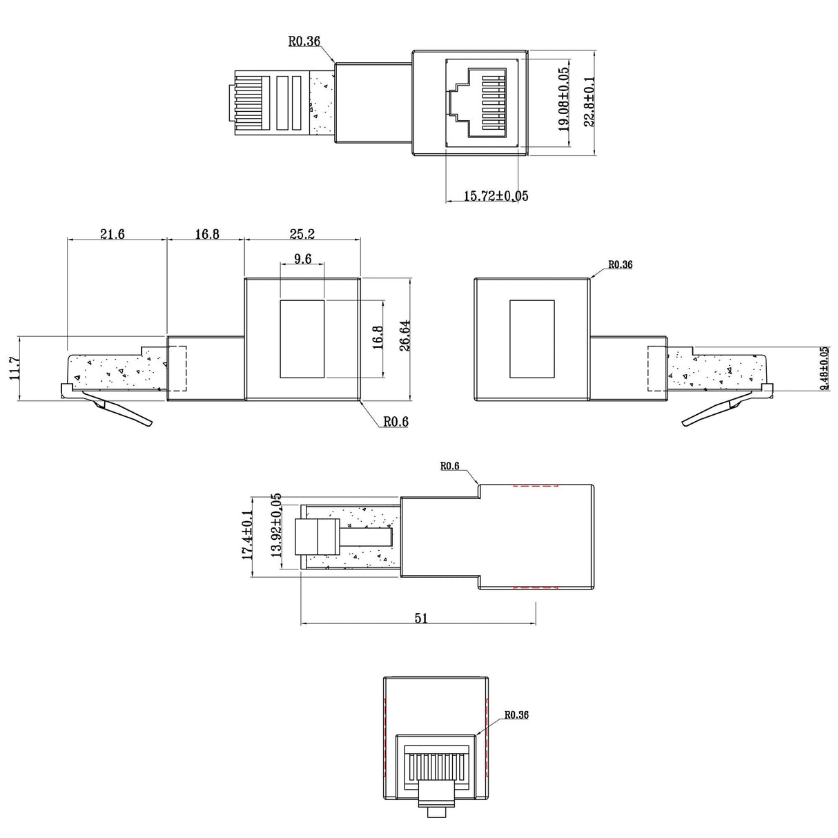 Adaptador De Cable De Red Inline Cat.6a, Enchufe/Toma Rj45, Acodado 90° Hacia Abajo