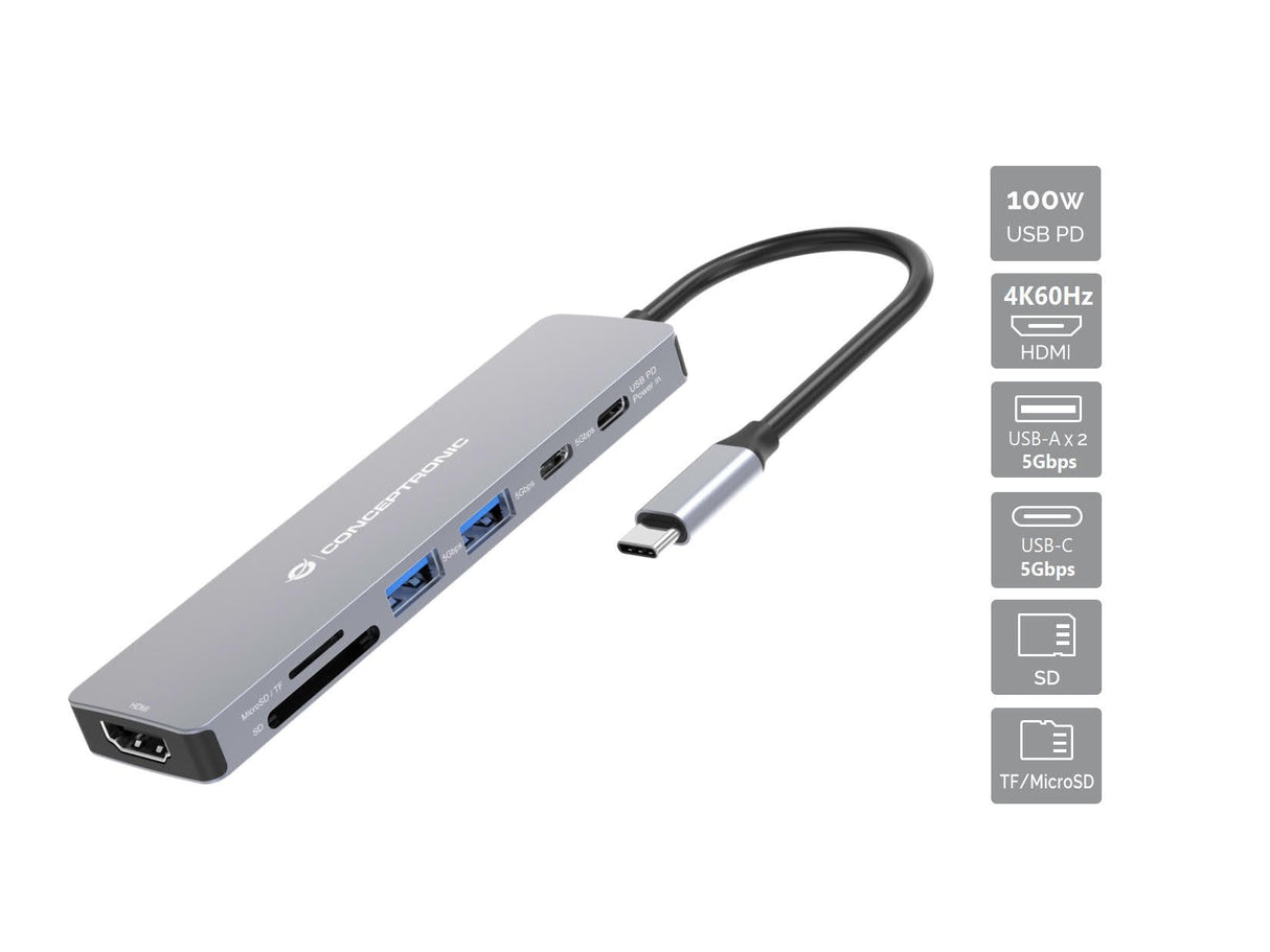 Conceptronic Dock Usb-C->Hdmi,2xusb-C,Sd,Tf,100wpd 25cm Gr