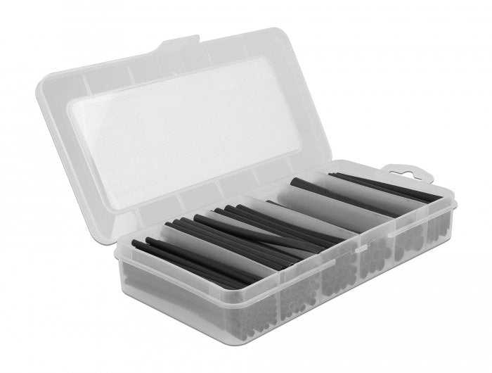Delock 20734 Caja Surtida De Tubos Termorretráctiles, Pared Doble Con Adhesivo Interior, Relación De Contracción 3:1 Y 4:1, Negro 116 Piezas