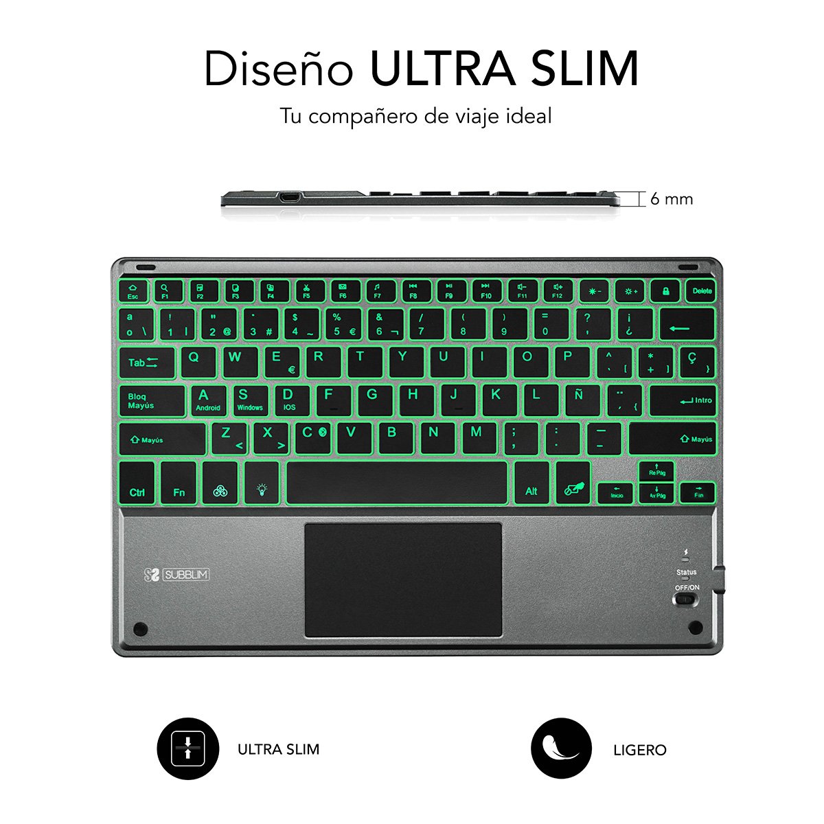 Teclado Bluetooth Subblim Smbt51 Con Touchpad Smart Blacklit Grey Bt 3.0 Teclas Iluminadas Batería 420mah Compatible Multidispositivo