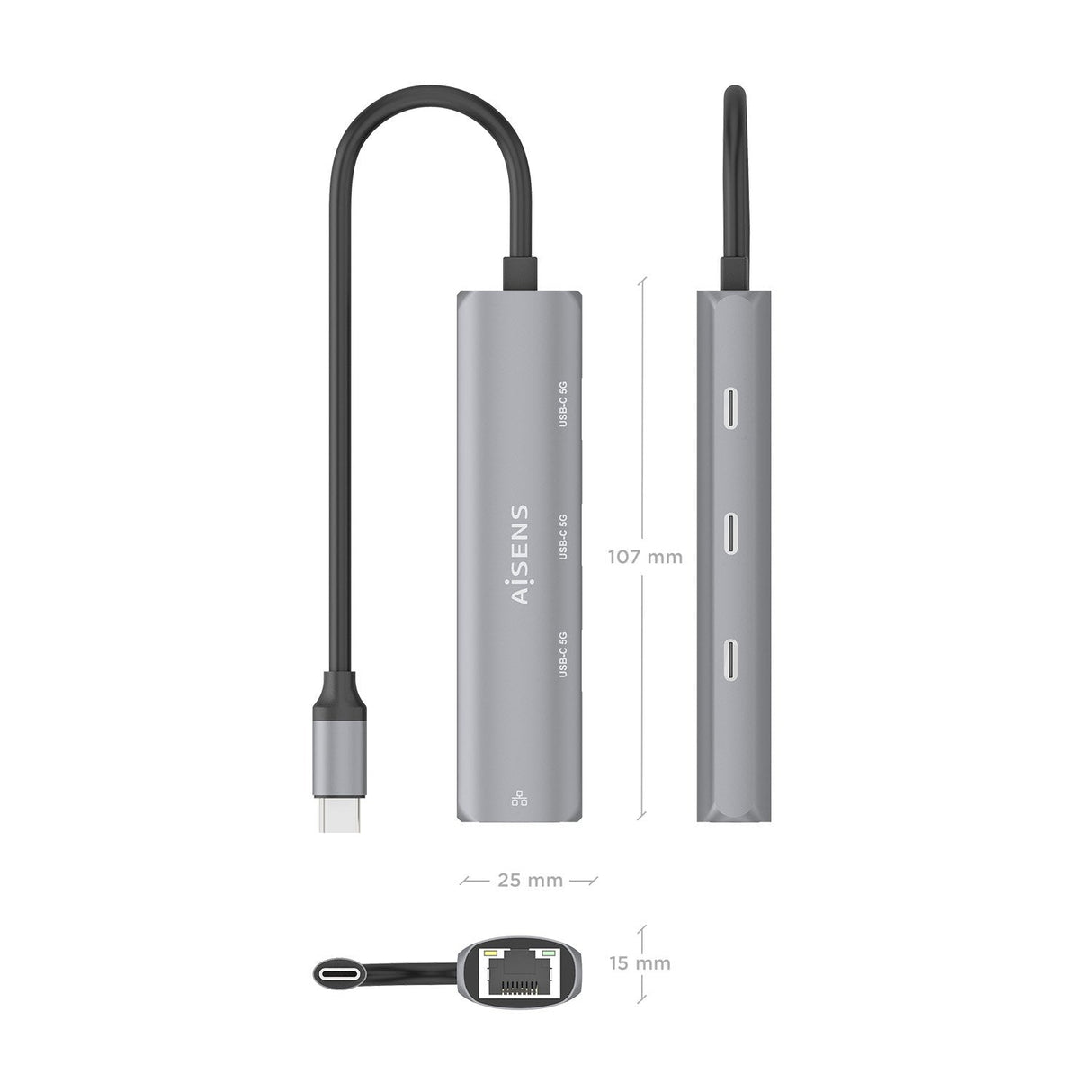 Aisens Dock Usb-C A Ethernet Gigabit + Hub 3xusb-C, Gris, 15cm