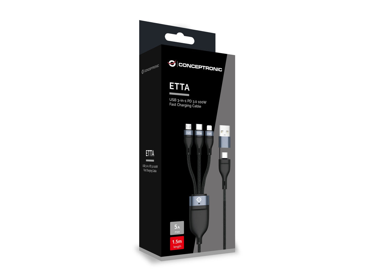Cable Usb 3in1 2m Conceptronic Pd 3.0 100w 20v 5a  480mbps E-Mark
