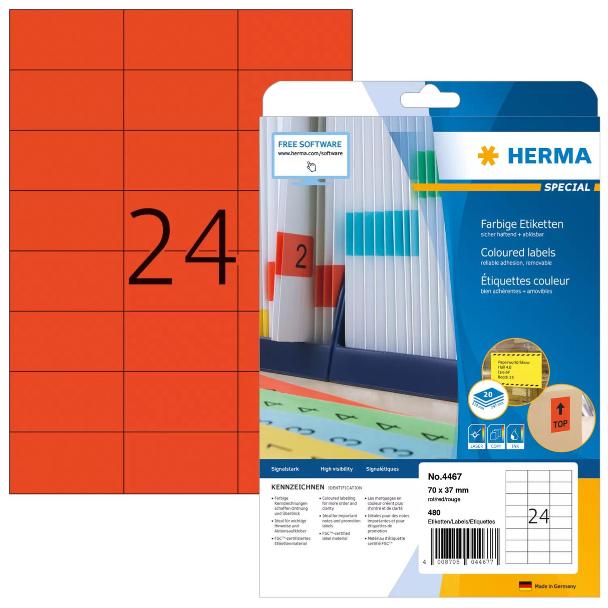 EAN 4008705044677 - HERMA 4467 etiqueta autoadhesiva Rectángulo Desmontable Rojo 480 pieza(s) imagen 1