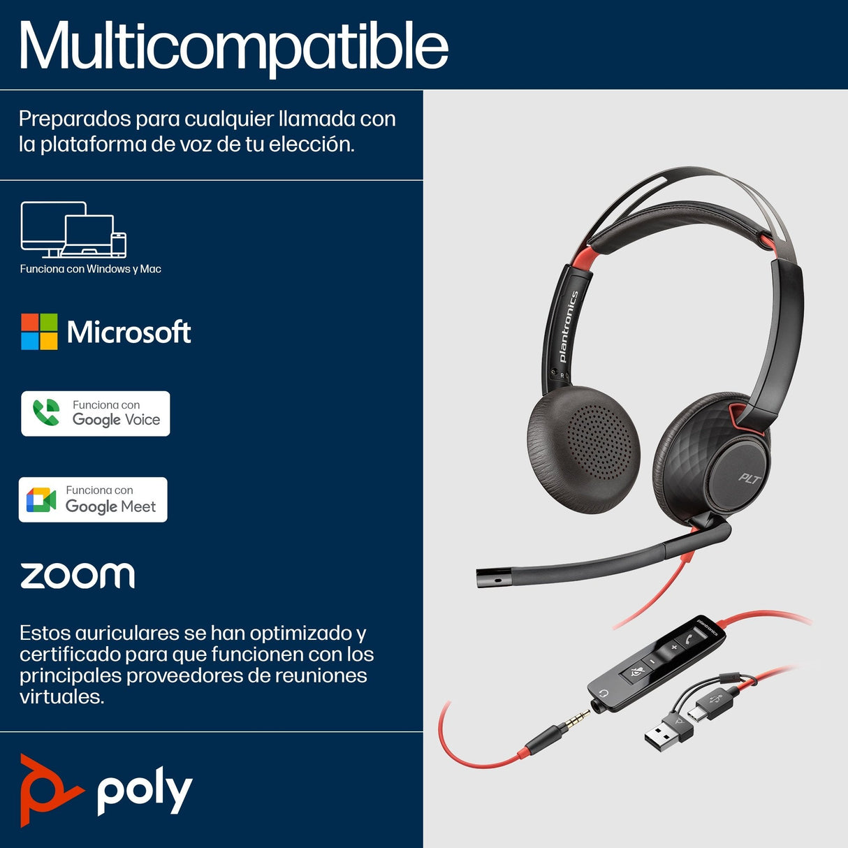 Poly Auriculares Estéreo Blackwire 5220 Usb-C + Conector De 3,5 Mm + Adaptador Usb-C/A