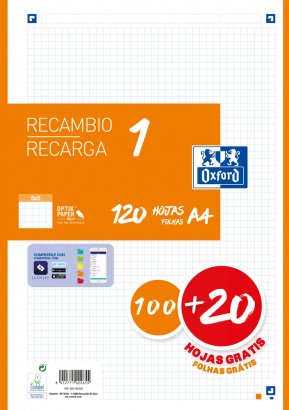 Oxford Recambio 100h + 20h Gratis 4 Taladros A4 90gr 5x5 1 Banda Naranja