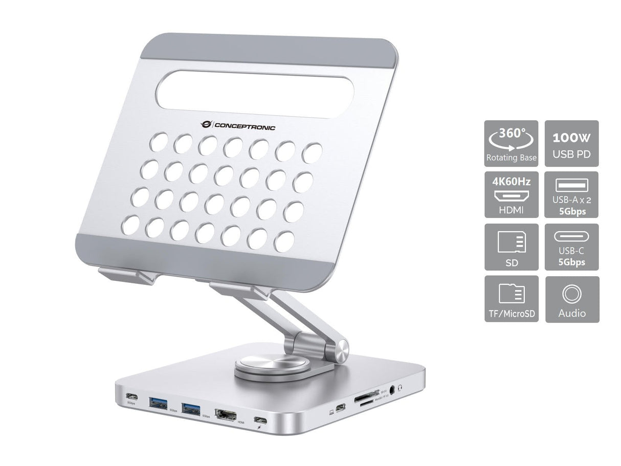Docking Usb-C Soporte Conceptronic 1xhdmi4k 2xusb-A 3.0 1xusb-C 1xusb-C Pd100w 1x3,5mm 1xsd/Sdmicro