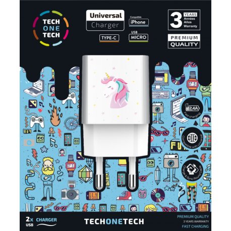 Cargador De Pared Tech One Tech Unicornio Dream 2xusb 2.4a Blanco