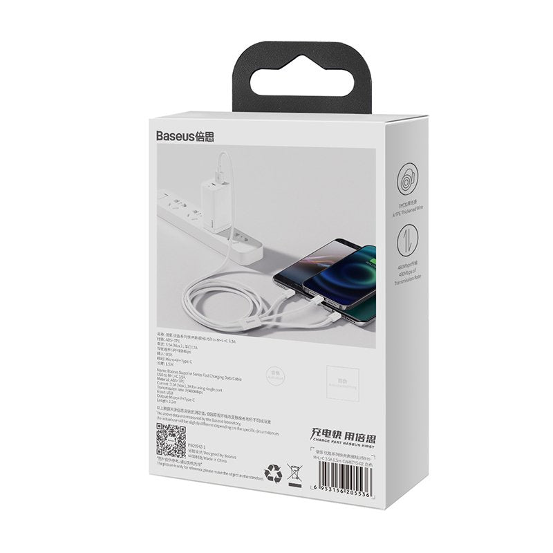 Baseus Cable Superior Series 3-In-1 Fast Charging Data Cable Usb To M+L+C 3.5a 1.5m White (Camltys-02)