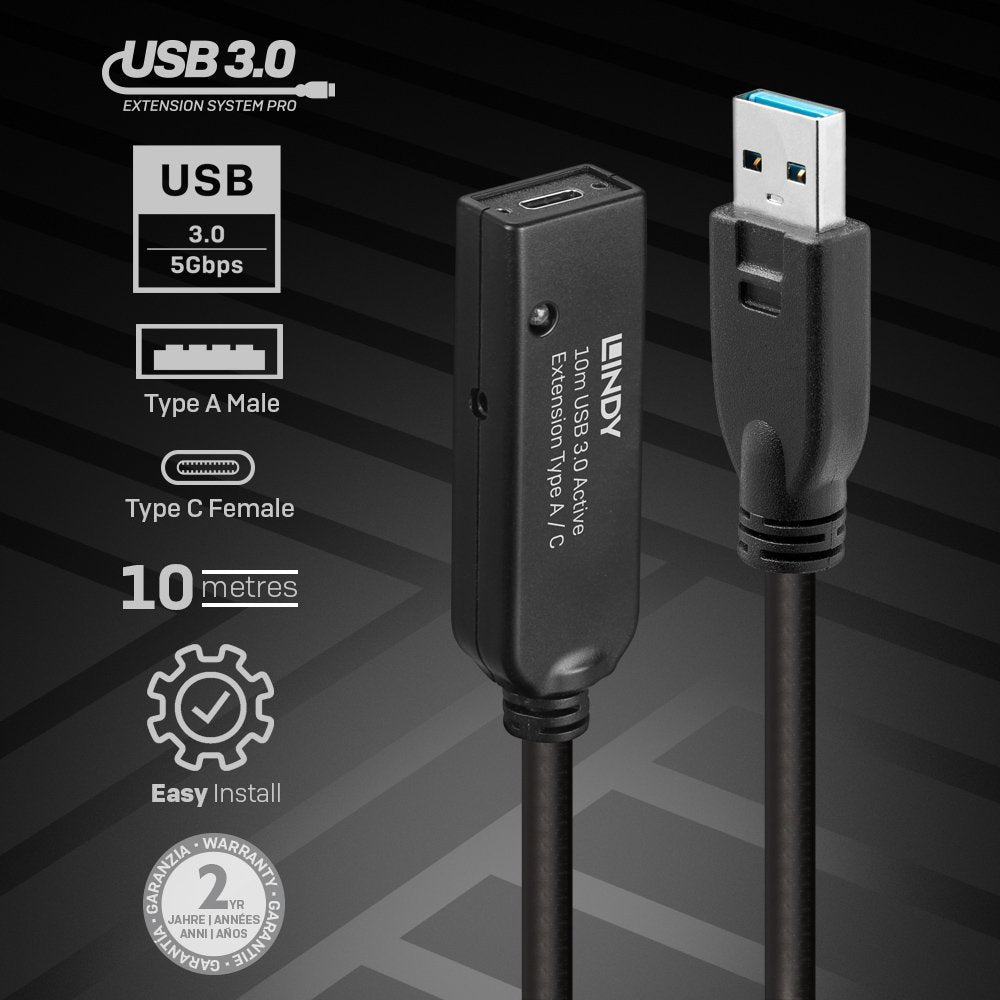 Lindy 43376 Cable Usb 10 M Usb 3.2 Gen 1 (3.1 Gen 1) Usb A Usb C Negro