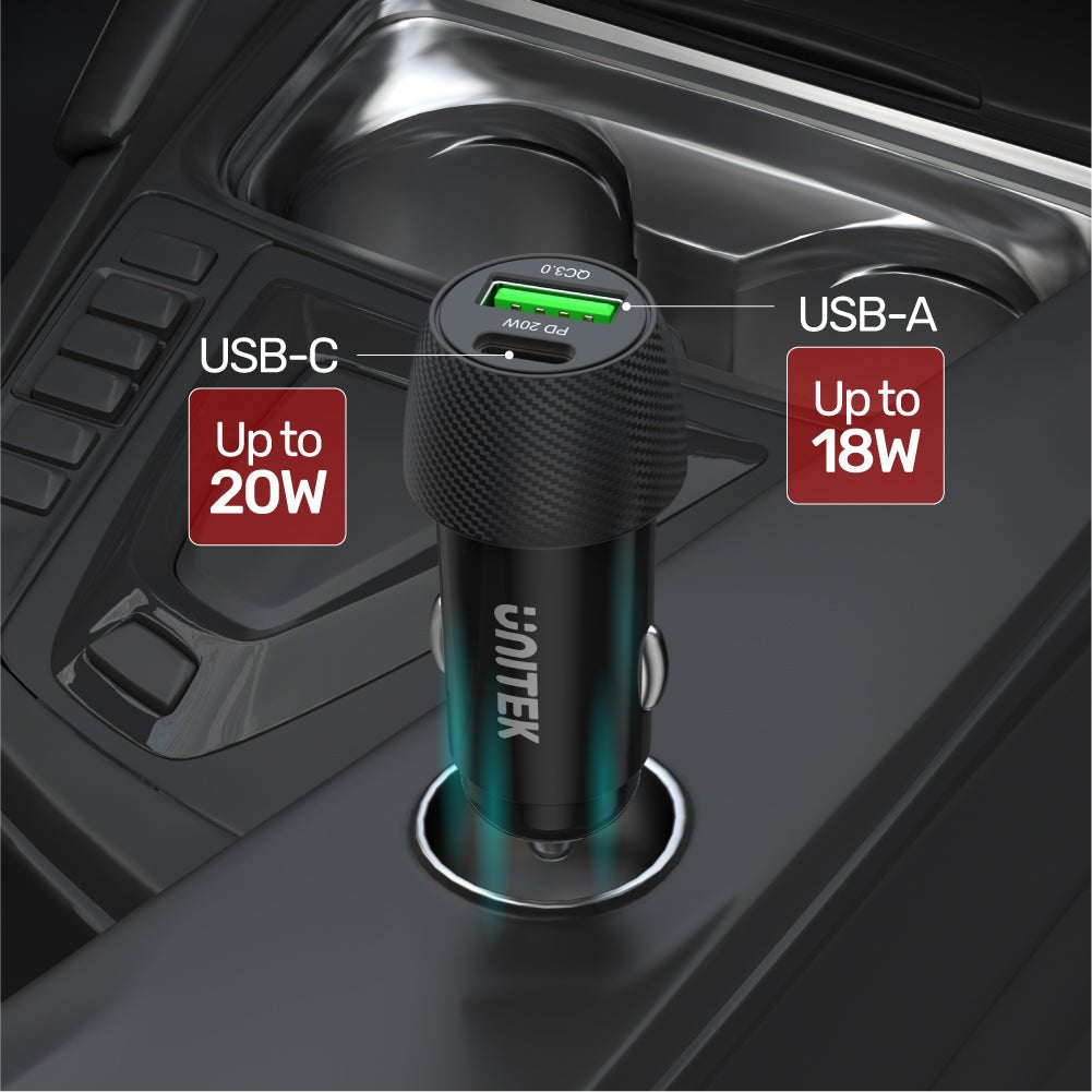 Cargador Coche Unitek 38w Usb-A Usb-C Qc3.0 P1400a