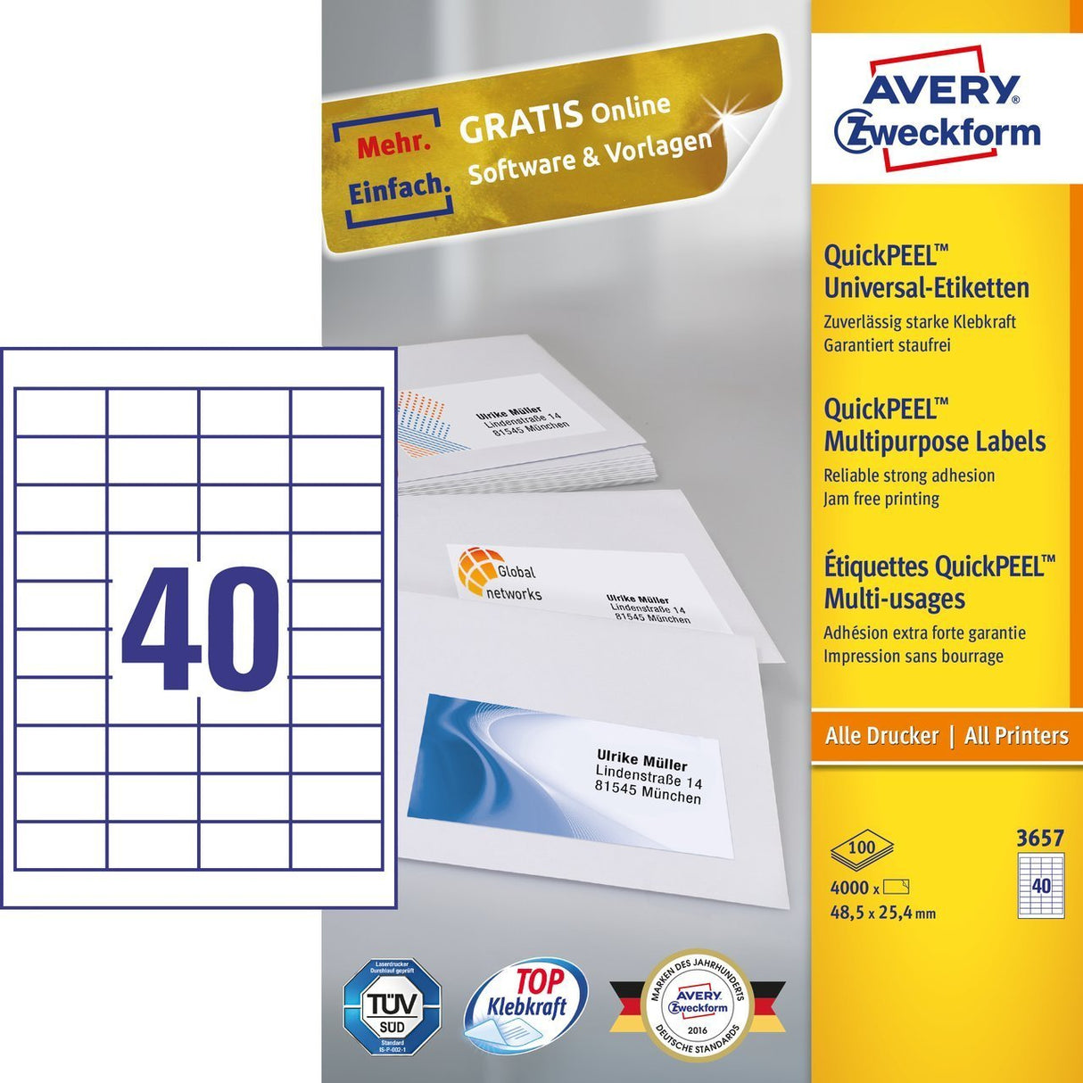 Avery Zweckform 3657 Etiqueta Autoadhesiva Rectángulo Permanente Blanco 4000 Pieza(S) 52,5 X 29,7mm, A4