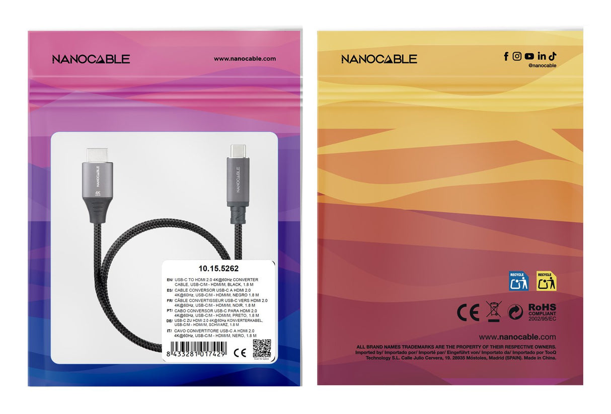 Cable Usb-C/M -Hdmi/M 2.0 4k 60hz,  Negro 1.8m