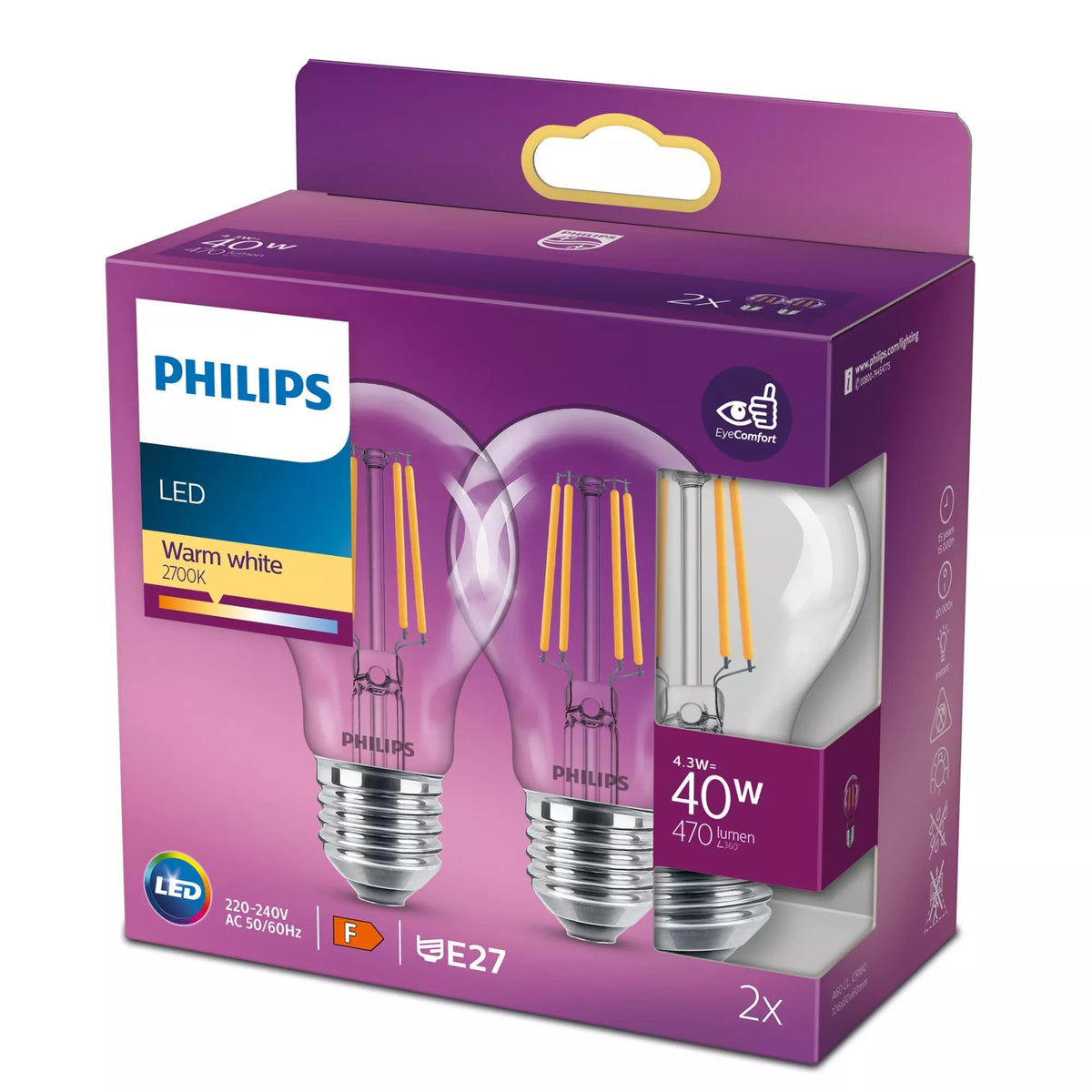 Philips Bombilla Con Led-Filament - Form: A60 - Transparente Finish - E27 - 4.3 W (Equivalente 40 W)