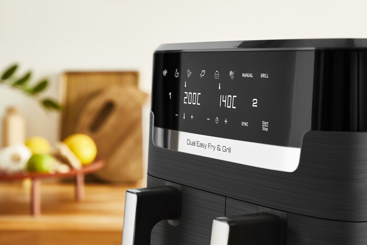 Freidora De Aire Caliente Doble Tefal Dual Easy Fry & Grill Negra, 2.700 Vatios, 2 Cestos 5,2 Litros + 3,1 Litros Ey905b