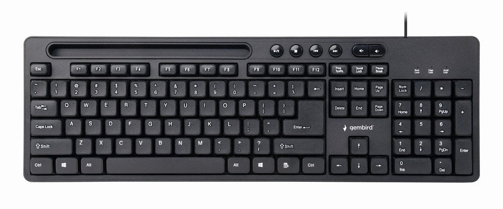 Teclado (Ingles) Multimedia Gembird Kb-Um-108 Usb, Diseño De Ee. Uu., Con Soporte Para Teléfono, Negro