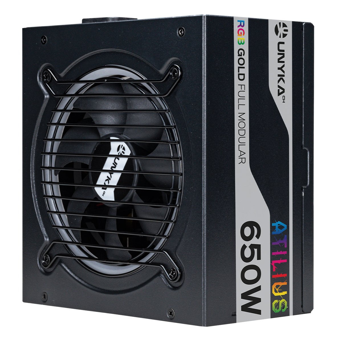 Fuente De Alimentación Unyka Atilius Rgb Atx 650w Black Cableado Modular Apfc Activo Eficiencia Energetica 90% Ventilador Rgb 120mm Ultra Silencioso
