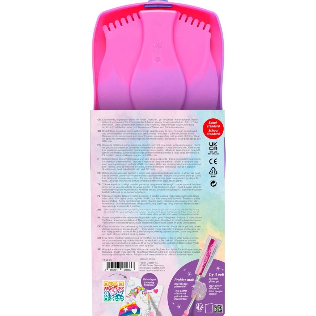 Faber-Castell Connector Unicornio Pack De 12 Acuarelas En Pastilla + Pintura Blanca Opaca + Pegatinas - Gran Opacidad -