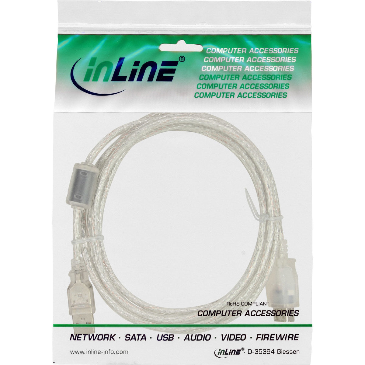 Cable De Extensión Usb 2.0 Inline Transparente Tipo A Macho A Hembra Con Estrangulador De Ferrita De 5 M