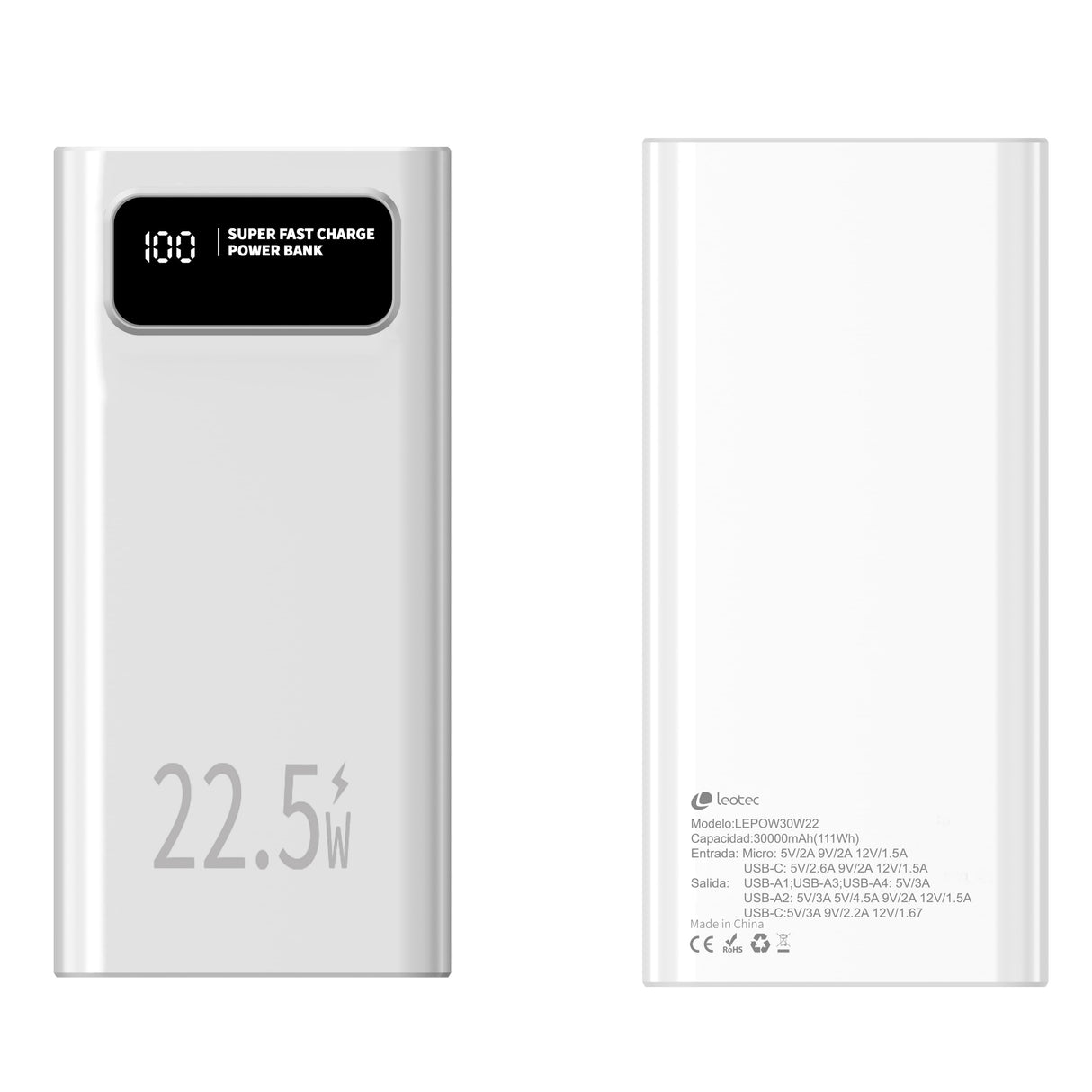 EAN 8436588883353 - Leotec LEPOW30W22W batería externa Polímero de litio 30000 mAh Blanco imagen 2