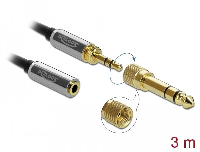 Delock Cable De Extensión Estéreo De 3,5 Mm, 3 Pines Macho A Hembra Con Adaptador De Tornillo De 6,35 Mm, 3 M