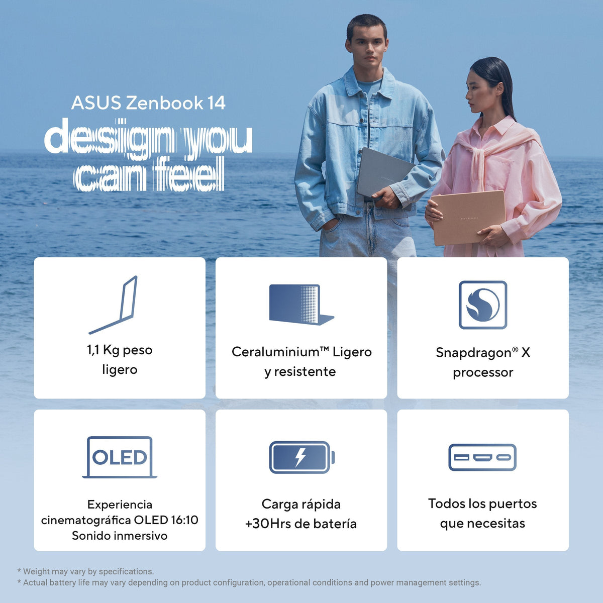 Portátil Asus Zenbook 14 Oled Ux3480qa U1090w Copilot+ Pc 14 " Wuxga Snapdragon X X1 26 100 45 Tops 16gb 256gb Ssd W11h Sin Cargador