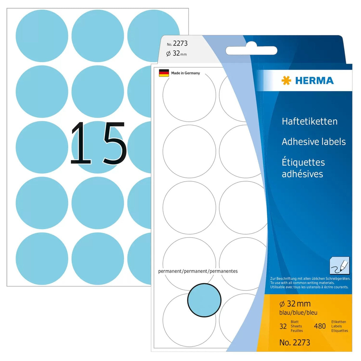 Herma Adhesive Labels Blue 32mm 32 Sheets 111x170 480 Pcs. 2273 Etiquetas