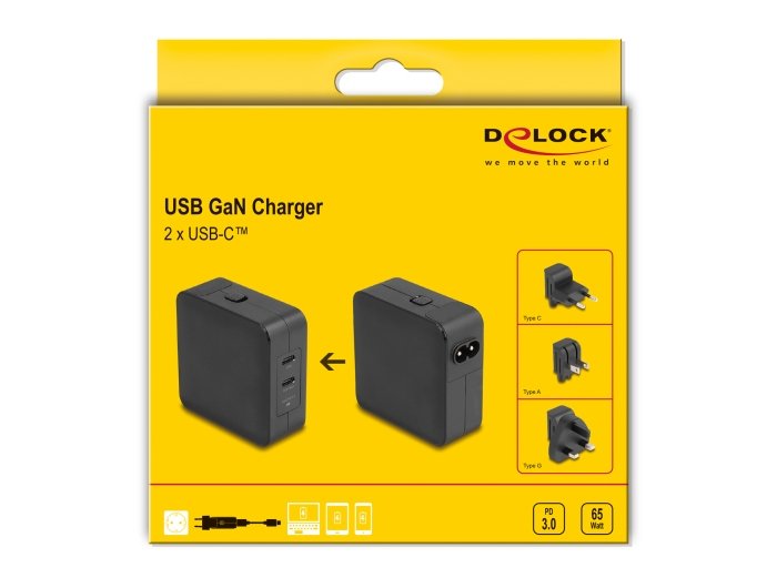 Usb Gan Cargador 2 X Usb Type-C Pd 3.0 Mit 65 W Inklusive Strom-Adapter Für Eu   Us   Uk