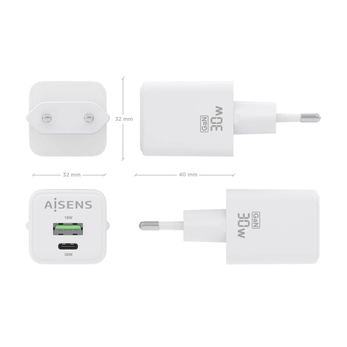 Aisens Cargador Gan 30w, 1xusb-C Pd3.0 Qc4.0, 1xusb-A Qc3.0, Blanco