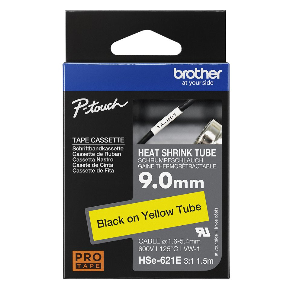 Brother Cinta Mecanográfico Negro Sobre Amarillo Hse-621e 9mm, 1.5m, Texto Negro Sobre Fondo Amarillo
