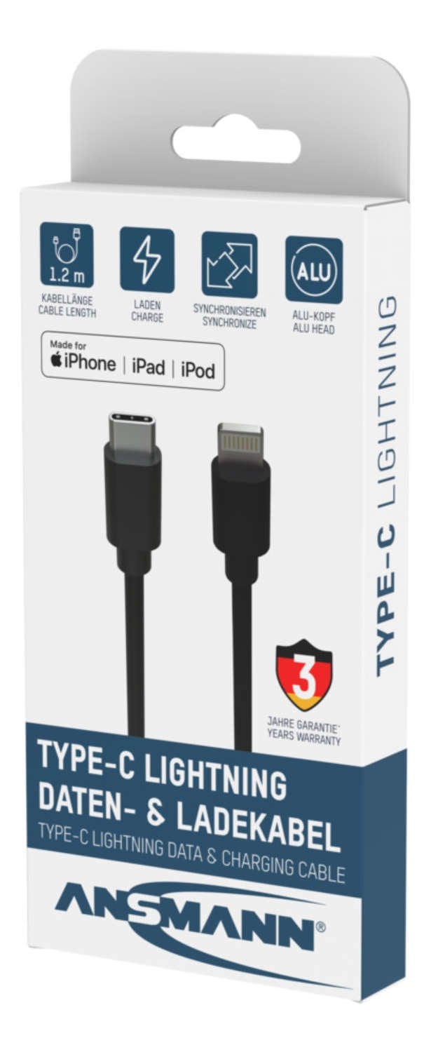 Ansmann Cable Usb 2.0 Usb-C > Lightning Negro, 1,2 Metros, Carga Con Hasta 60 Vatios 1700-0106