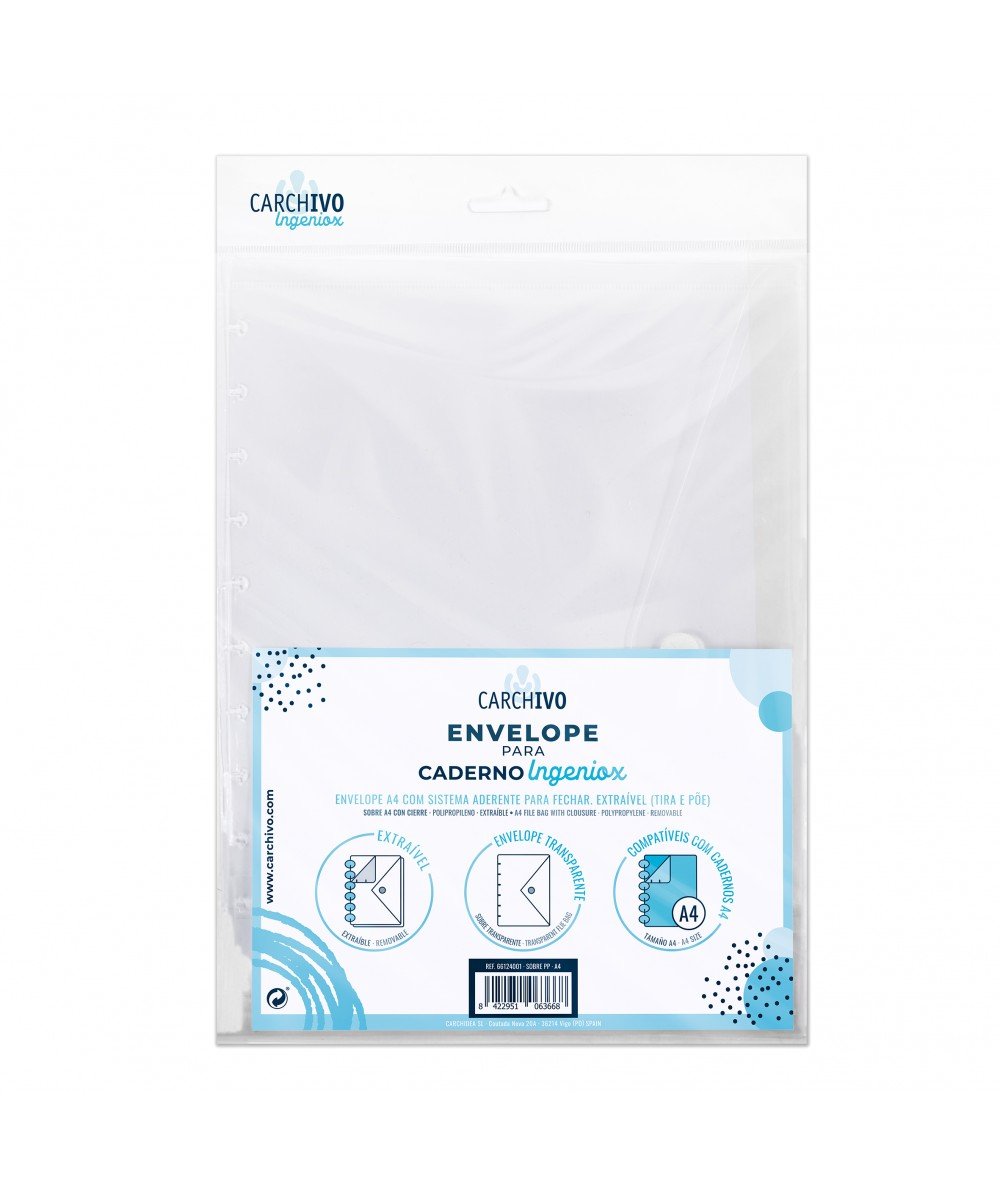 Carchivo Sobre Ingeniox A4 Extraíble Cierre C/Velcro Polipropileno Transparente