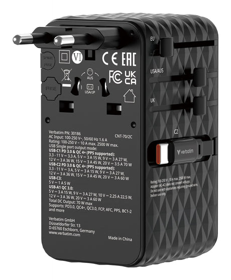 EAN 23942301868 - Verbatim Charge 'n' Travel 70W Universal Negro Corriente alterna Carga rápida Interior imagen 1