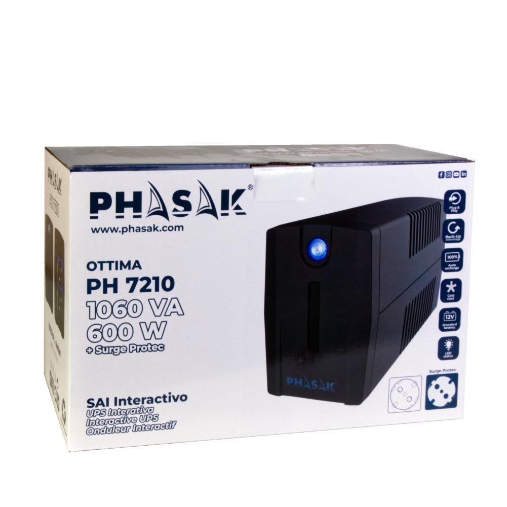 Sai Línea Interactiva Phasak Ottima 1060 Va Interactive 1060va-600w 2 Salidas Formato Torre
