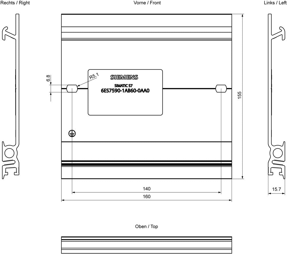 Siemens 6es75901ab600aa0 Simatic S7-1500 Profilschiene 160mm Inkl.Erdungsschraube