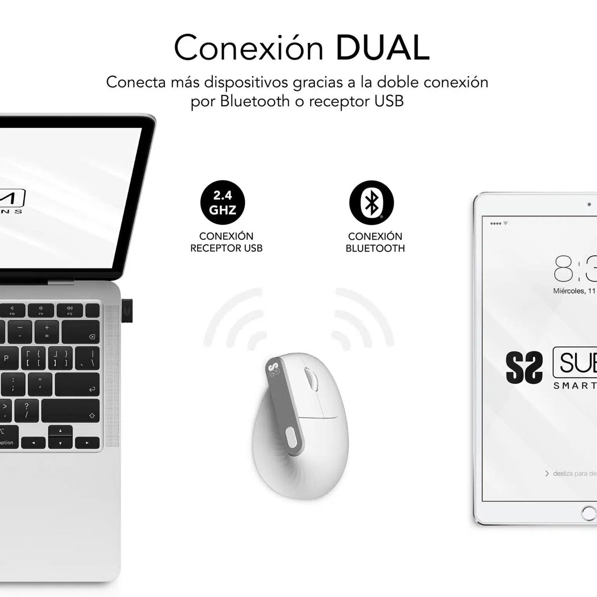 Raton Optico Dual Nature Vertical Ergo Dual Bateria Blanco Subblim Hasta 4000dpi/ Conexión Dual/ Rf, Bluetooth/ Batería Recargable