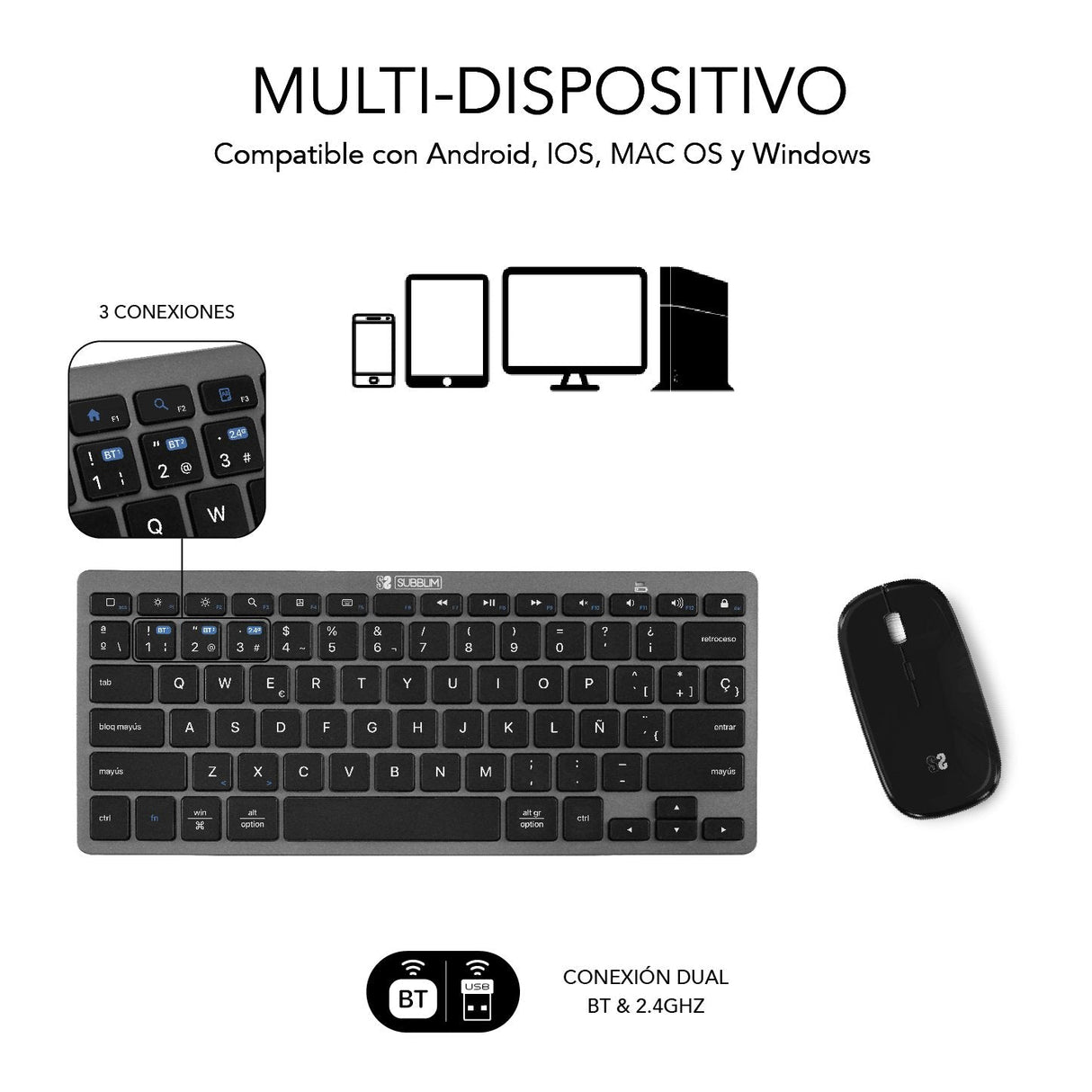 Teclado Y Ratón Inalámbrico Por Bluetooth Subblim Oco020 Combo Multidispositivo Compacto  Gris