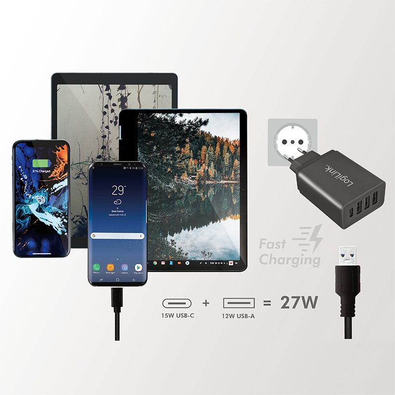 Cargador Rápido 27w X 4 Usb (Solo Enchufe Pared) Logilink