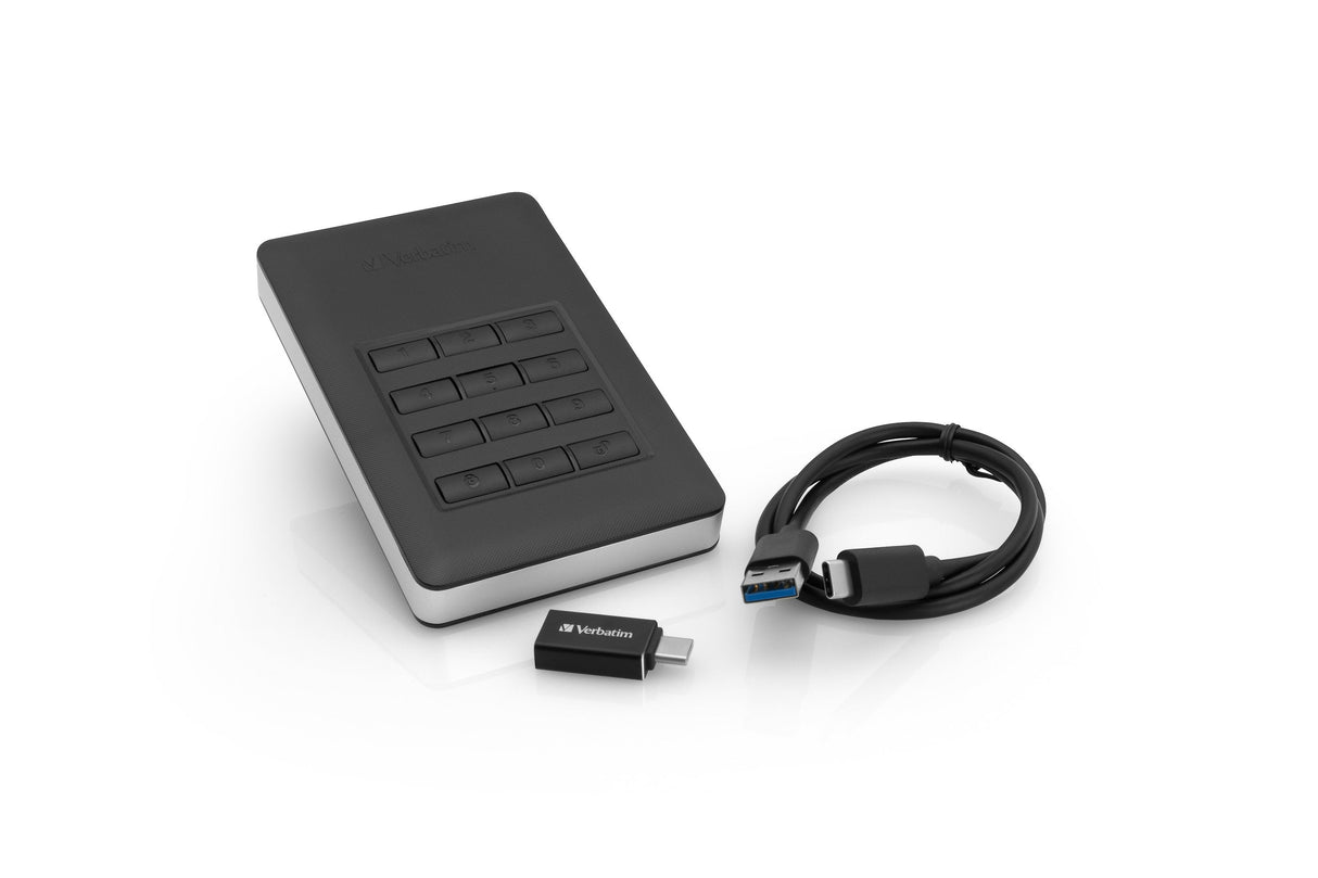 Verbatim Disco Duro Portátil Y Seguro Store Go De 1 Tb Con Teclado, Unidad De Disco Duro Negro/Plateado, 1000 Gb, Negro, Plata