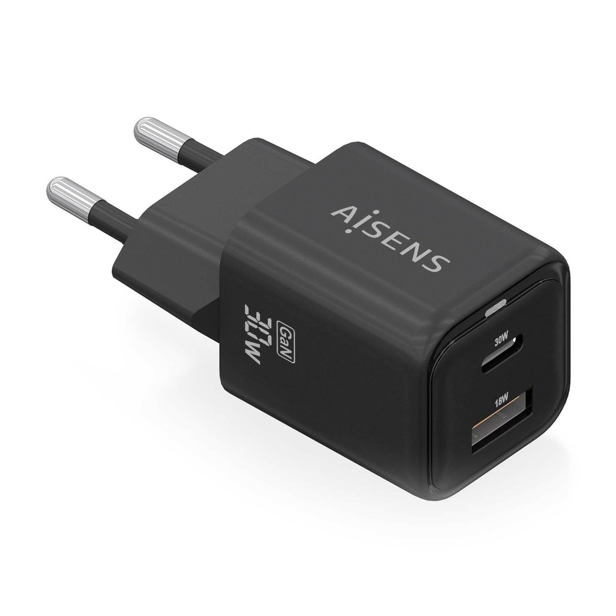 Aisens Cargador Gan 30w, 1xusb-C Pd3.0 Qc4.0, 1xusb-A Qc3.0, Negro