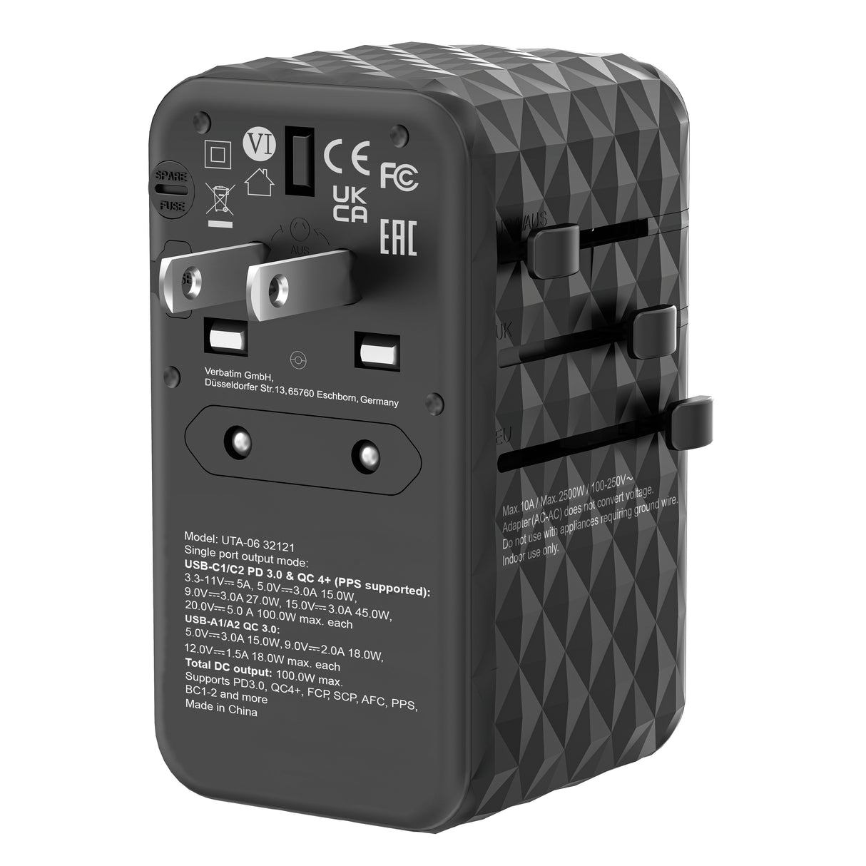 Cargador De Pared Universal Verbatim Uta-06 Gan Iii Toma De Corriente Universal 2xusb Tipo-C 2xusb 100w